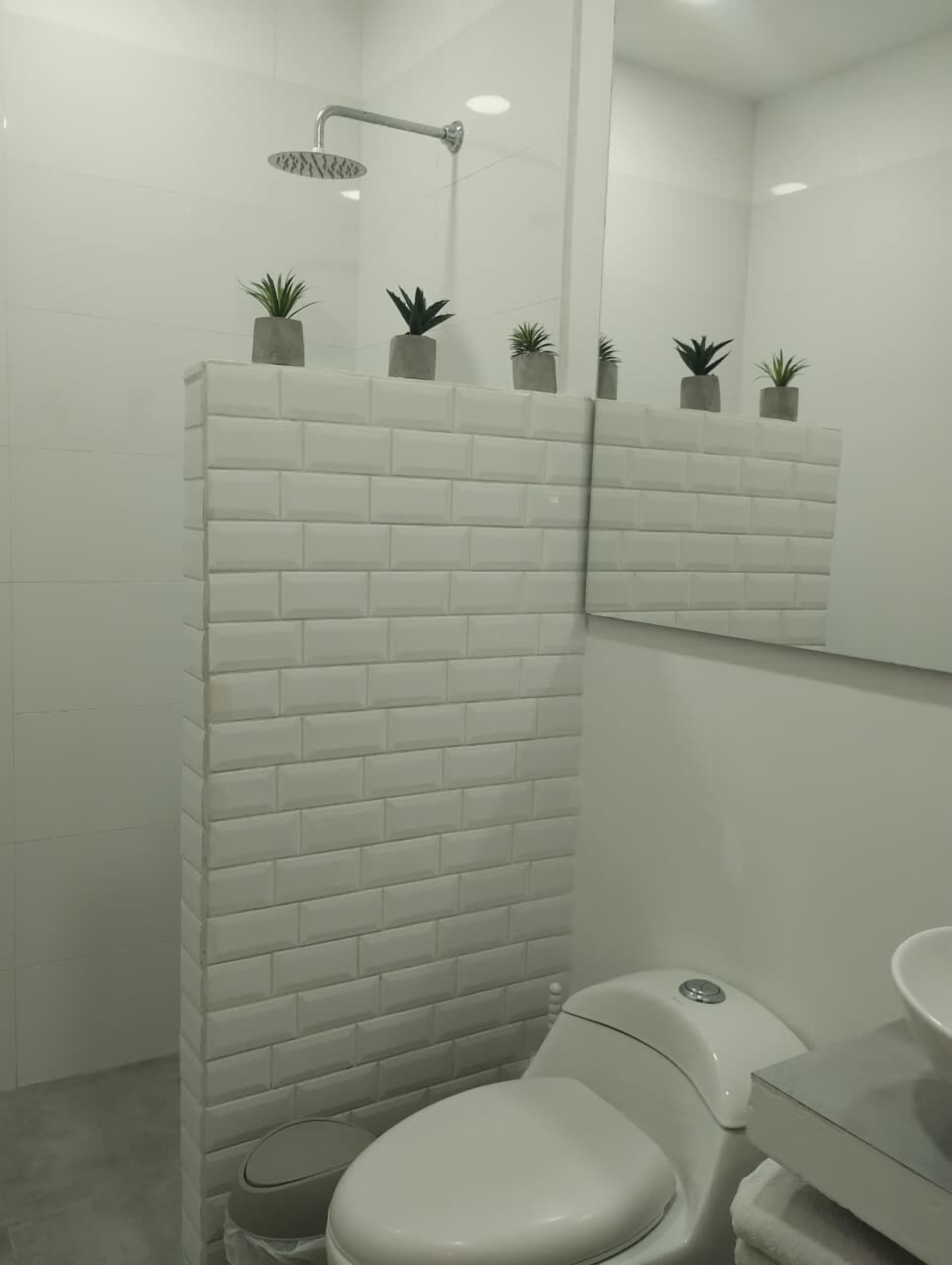 Un bagno con box doccia rivestito di piastrelle bianche, un WC e un lavandino. Sul box doccia ci sono piccole piante in vaso.