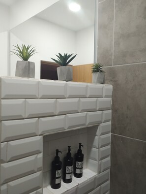 Ein Badezimmer mit weiß verputzter Wand, drei Blumentöpfen auf einer Ablage und drei Flaschen mit Flüssigkeit auf einem darunterliegenden Regal.