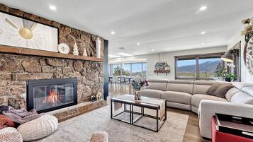 Smart TV, fireplace, books, computer monitors