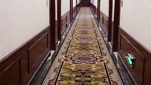 Un pasillo largo y estrecho con alfombra estampada y paneles de madera en las paredes.