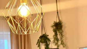 Een kamer met een geometrische hanglamp, een raam met gordijnen, en twee hangplanten.