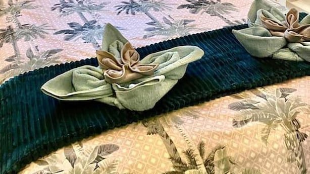 Een slaapkamer met een bed, voorzien van een bloemenbedekking, een hartvormig kussen en een kamerplant die aan het plafond hangt.