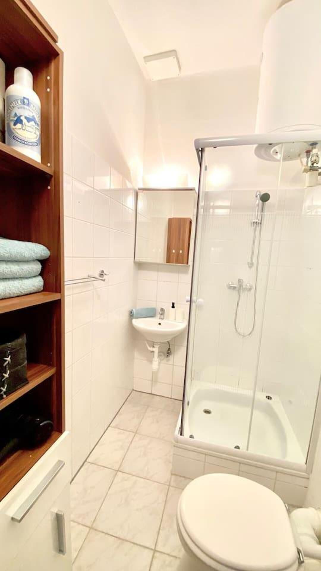 A bathroom with a glass-enclosed shower, a white sink, and a toilet. There are shelves with towels and toiletries.