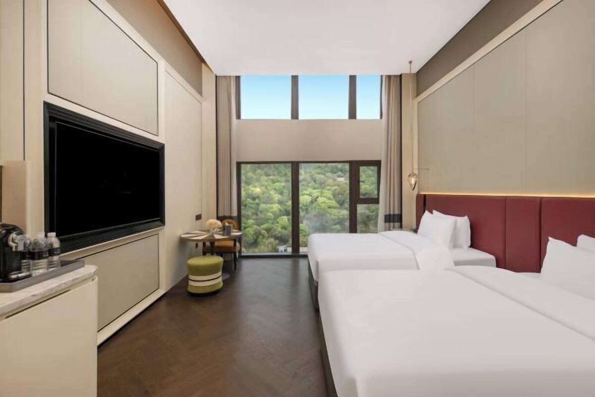Een hotelkamer met twee bedden, een televisie, een klein tafeltje met een stoel en een groot raam met uitzicht op bomen.