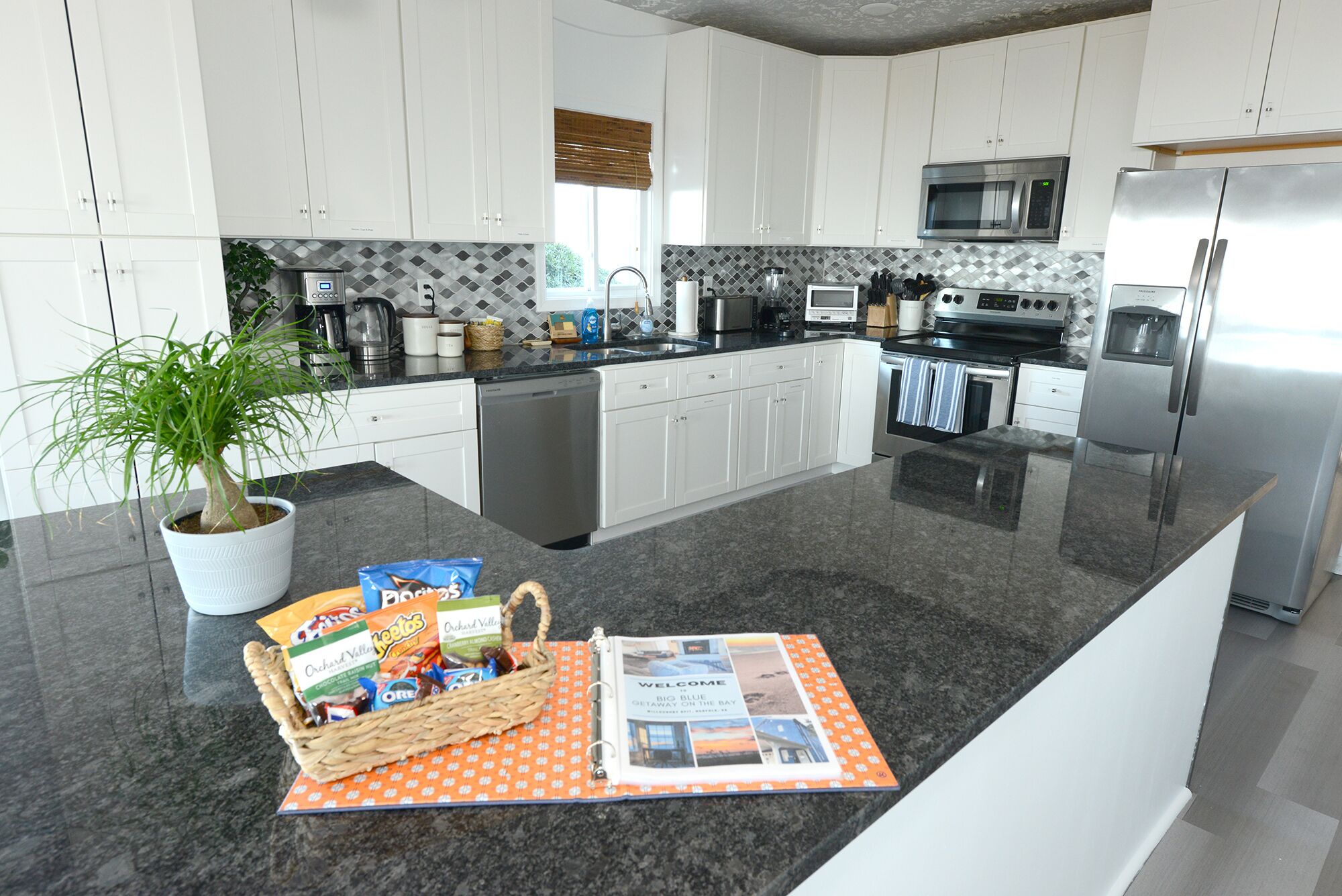 Una cocina moderna con armarios blancos, encimera de granito, microondas, refrigerador y una planta en maceta.