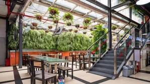 A restaurant with a glass ceiling, indoor plants, and a staircase. - Yi Feng Bussiness Hotel (Anning)