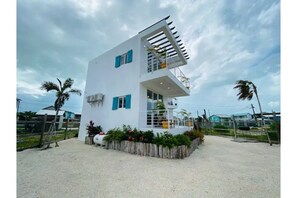 Stunning two-story building with a flat roof and balcony, set amidst a charming residential neighborhood.