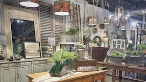Un interior rústic amb mobles de fusta, decoració antiga i diverses plantes.