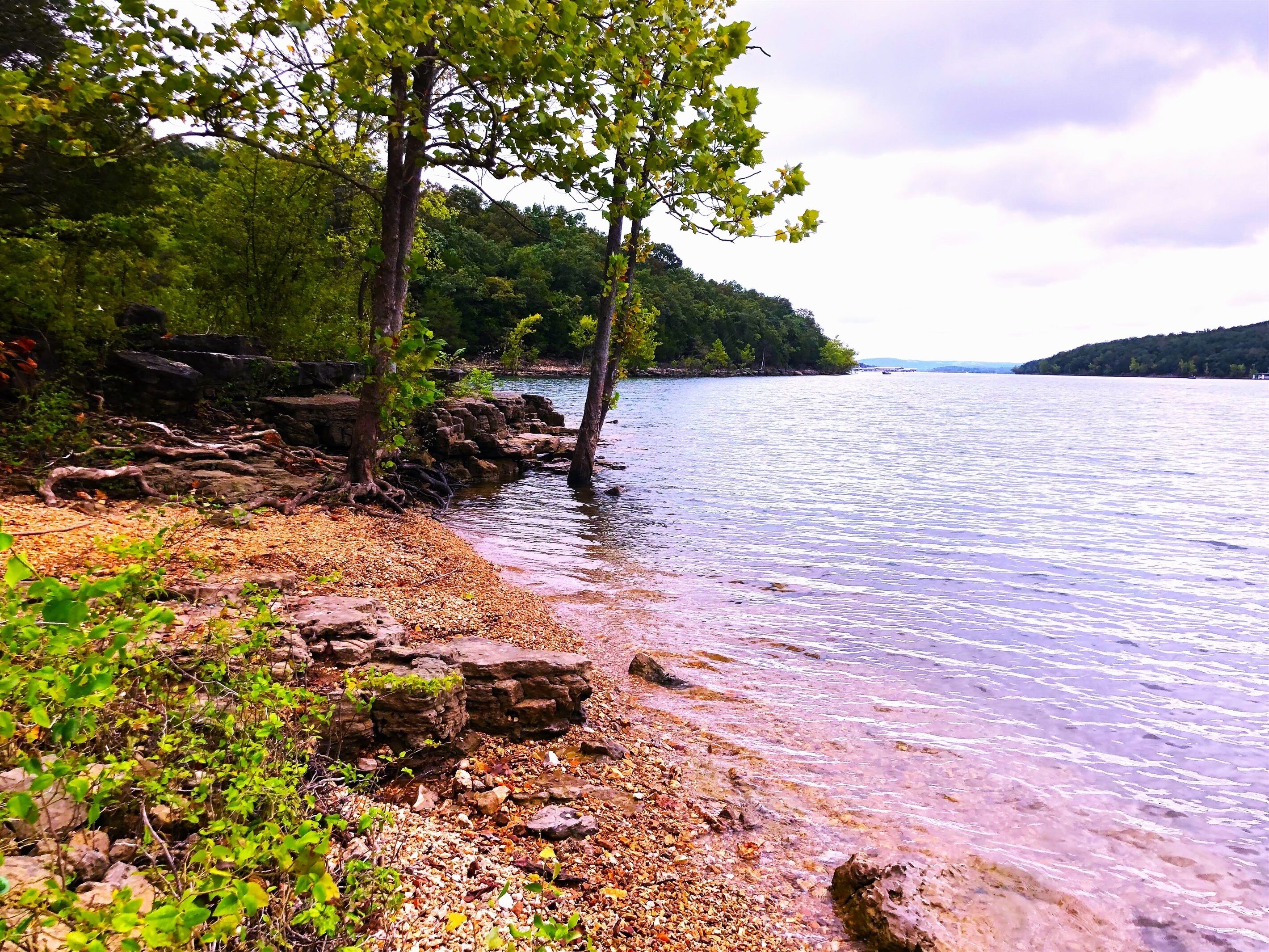 Une vue sur le lac, avec une rive rocheuse, des arbres et une eau calme.