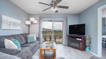 Televisie, een open haard en een dvd-speler