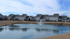 A residential area with houses and a pond with a fountain.