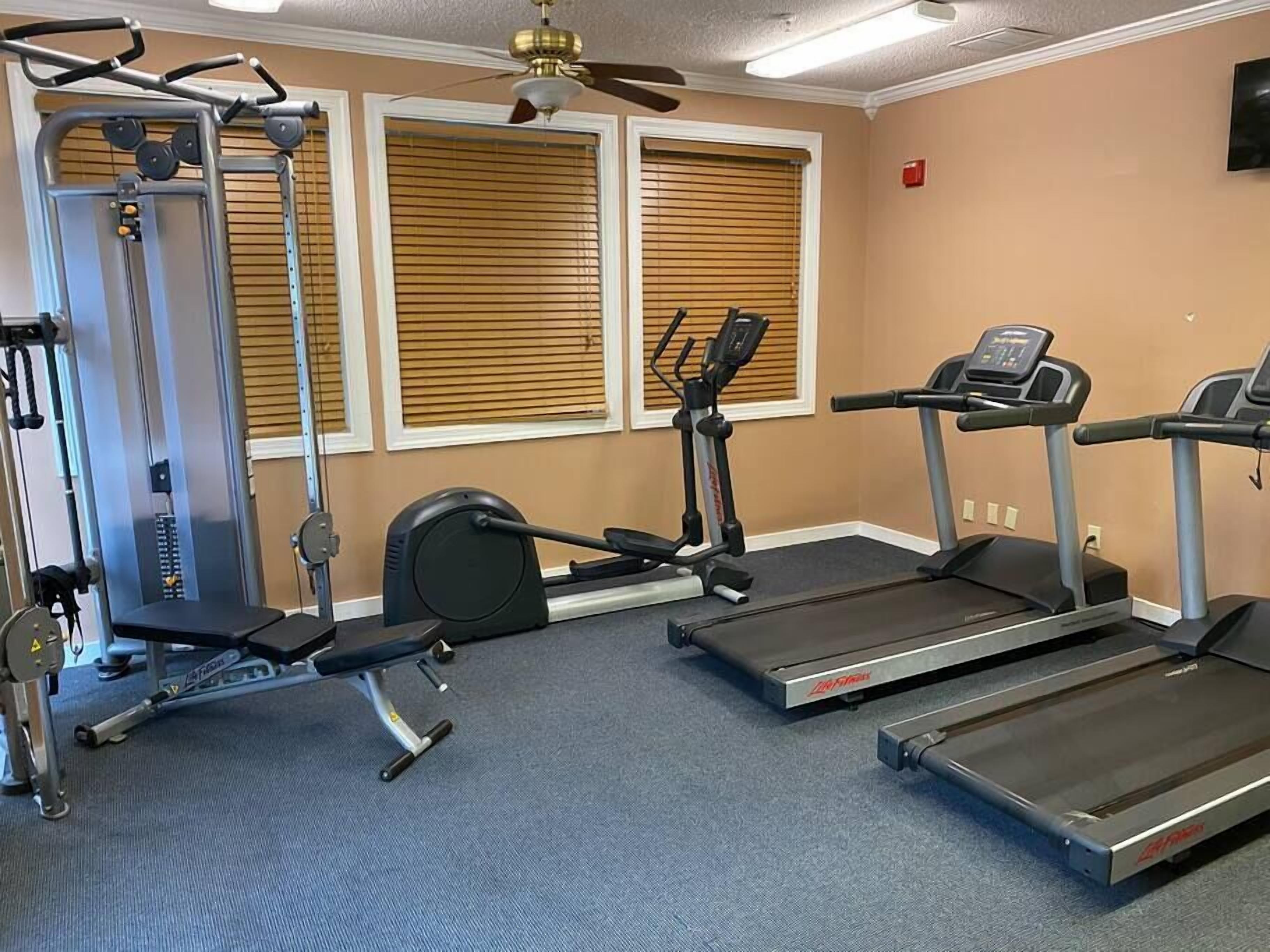 A gym with treadmills, a stationary bike, and weight machines.