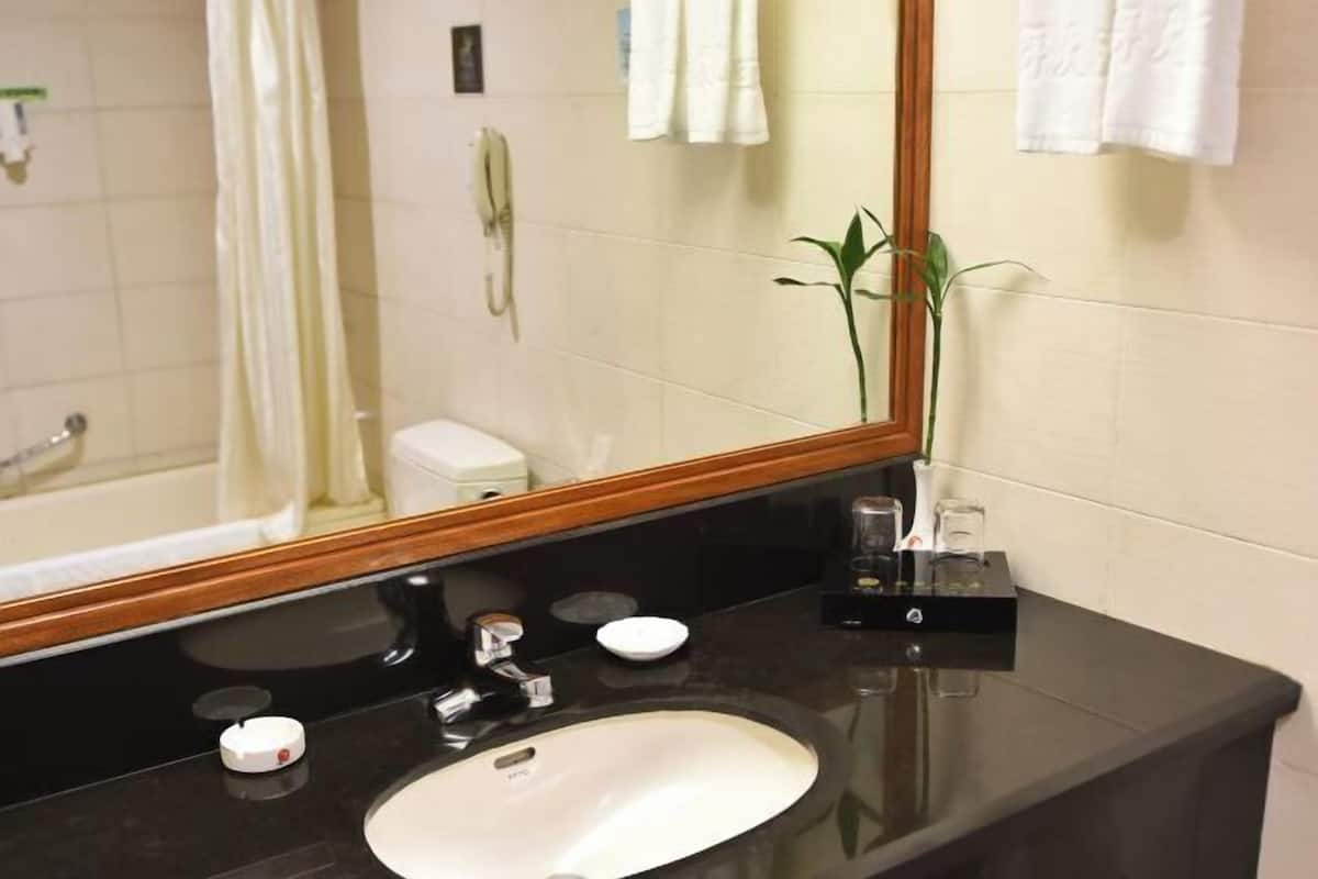 A bathroom with a black countertop, a white sink, a mirror, a plant, and a telephone.