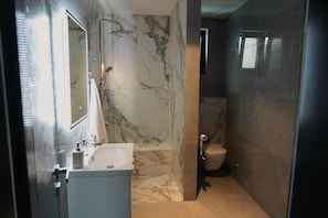 Shower, hair dryer, towels, soap