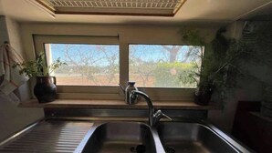 Una cocina con un lavamanos doble, una ventana que da a árboles y una planta en maceta en el alféizar.