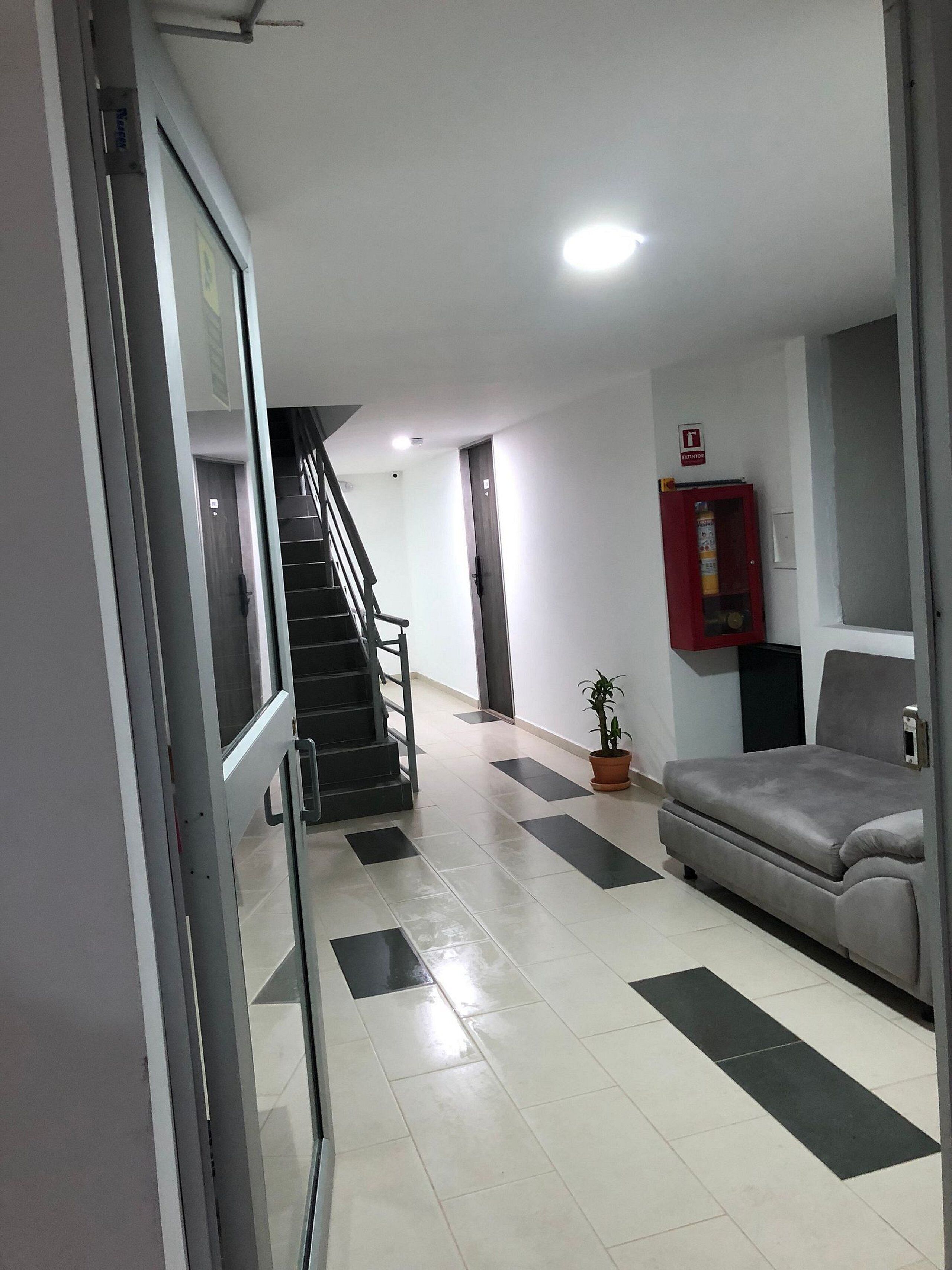 A hallway with a staircase, a grey sofa, a potted plant, and a red fire extinguisher.