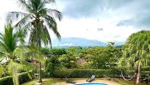Una piscina de borde curvo, rodeada de palmeras y vistas a un paisaje exuberante.