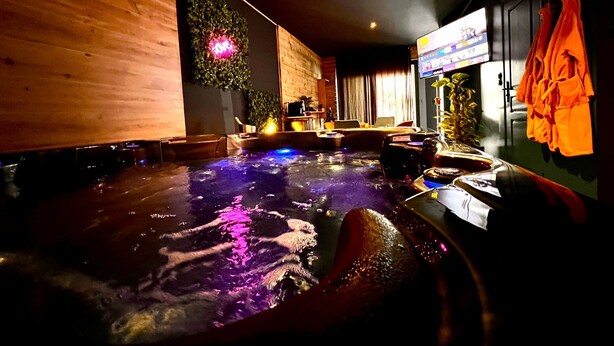 Un jacuzzi con pared de madera y una planta a la izquierda, un televisor a la derecha y un perchero encima.