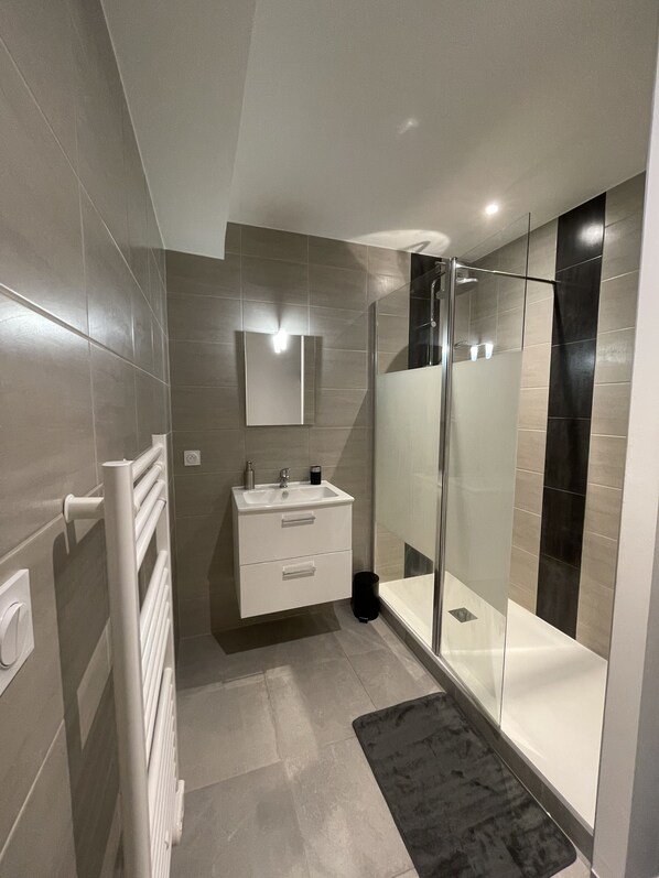 Shower, hair dryer, towels, toilet paper