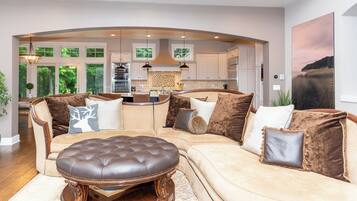 TV connectée, cheminée, livres, chaßne hi-fi