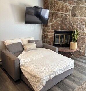 A modern living room with a sofa, a flat-screen TV mounted on the wall, a stone fireplace, and a potted plant. - Centrally Located Studio just minutes from Granby, Colorado (Granby)