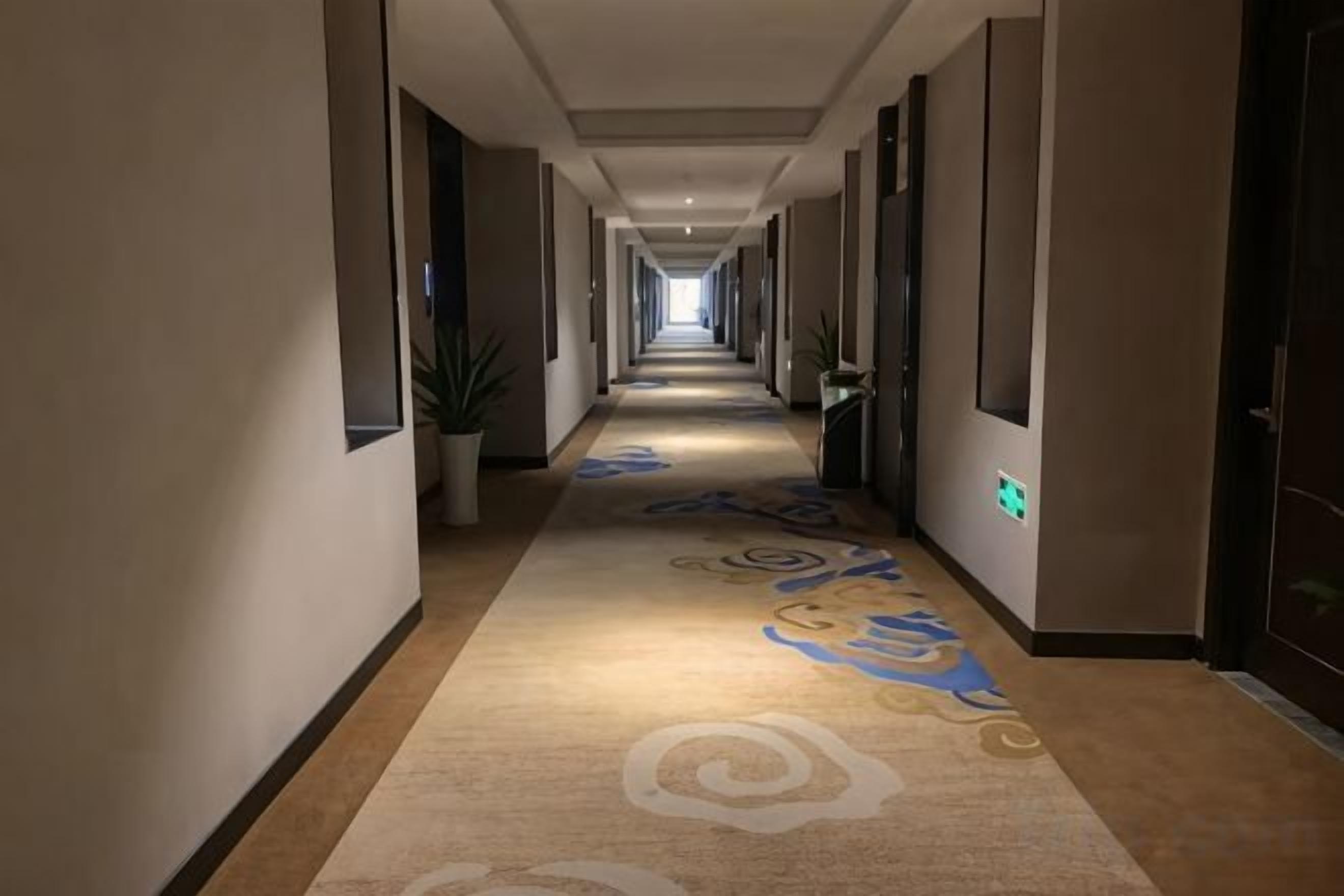 A hotel corridor with a carpeted floor, potted plants, and doors on both sides.