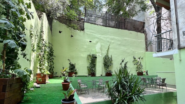 Un patio con césped artificial verde, plantas en macetas y mobiliario exterior.
