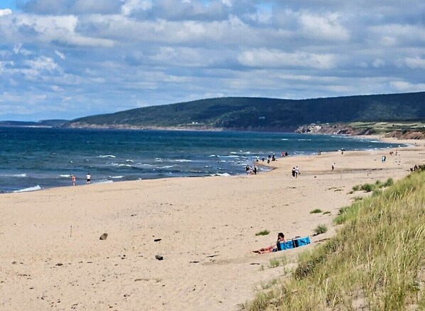 Une plage animée, une côte sablonneuse et un paysage vallonné en arrière-plan.