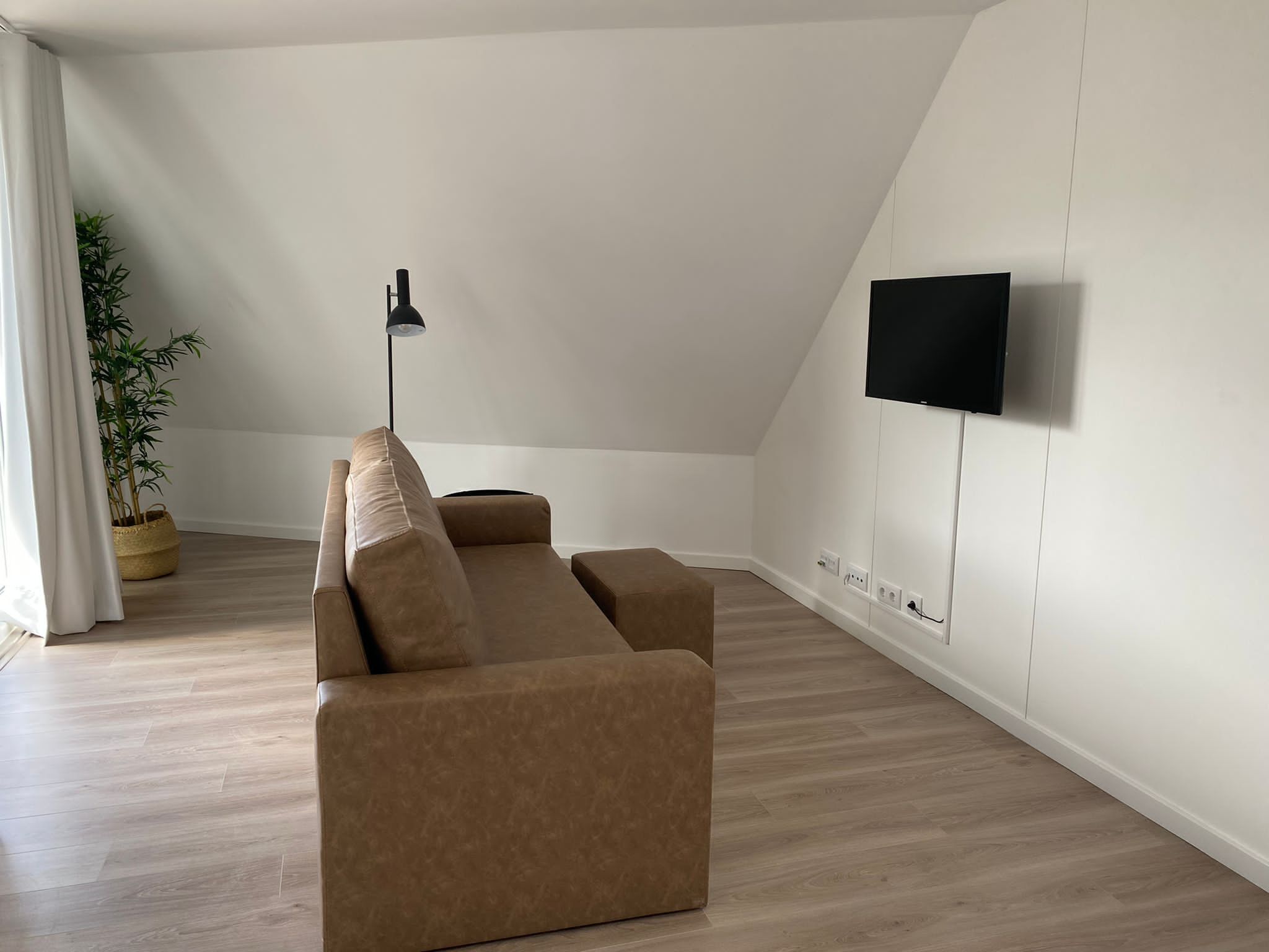 En moderne stue med en brun sofa, en gulvlampe, et fjernsyn ophængt på væggen og en potteplante.