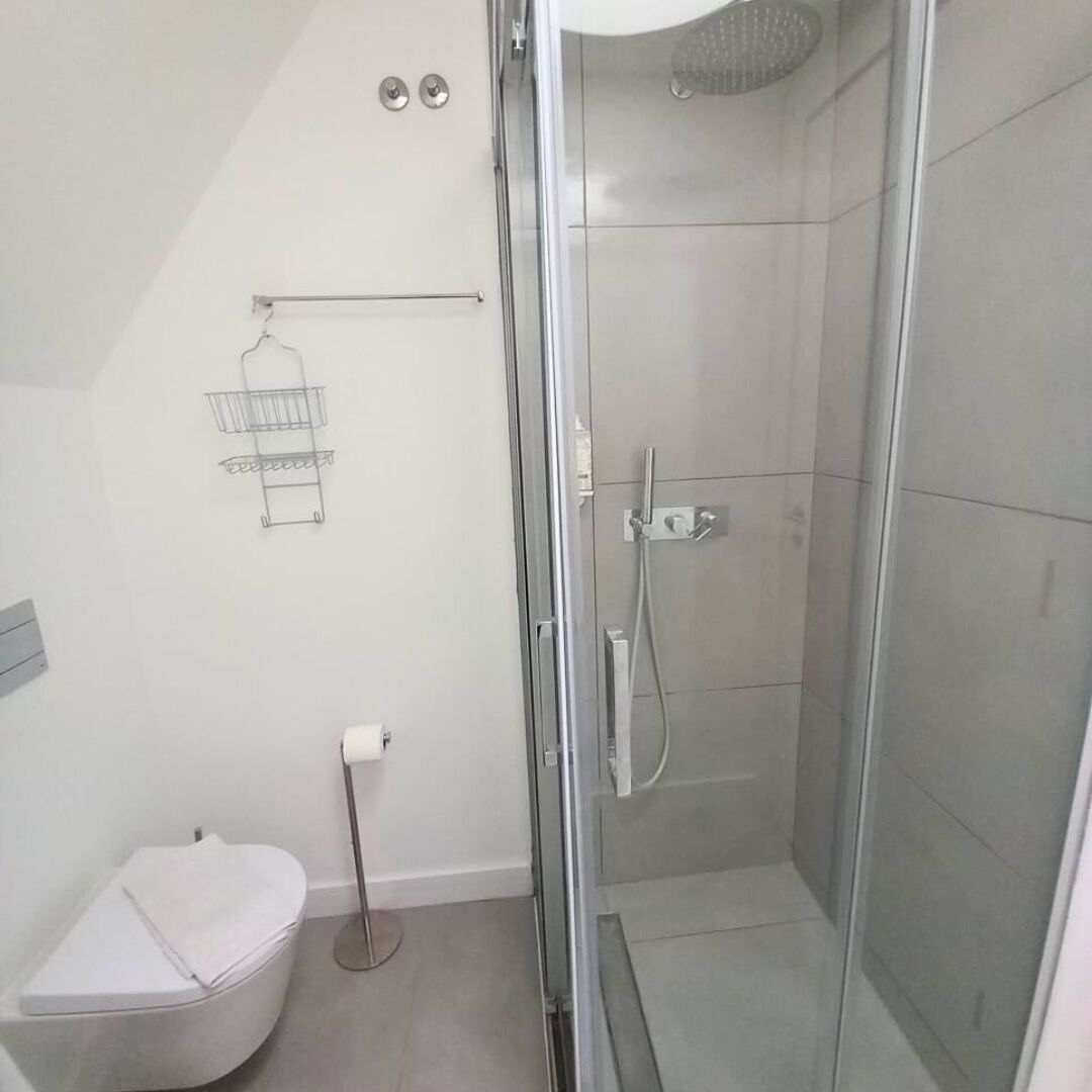 Un baño moderno con ducha envuelta en vidrio, inodoro y toallero.