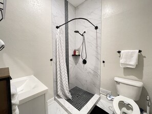 Shower, hair dryer, bidet, towels