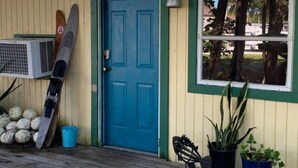 Une porte bleue, une fenêtre, une plante en pot et une planche de snowboard appuyée contre le mur.