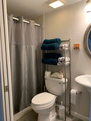 Une salle de bain comprenant des toilettes, un porte-serviettes avec des serviettes pliées, un rideau de douche et un lavabo.