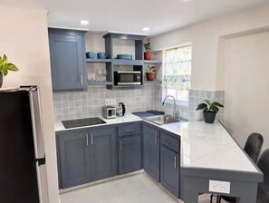 Fridge, microwave, stovetop, electric kettle