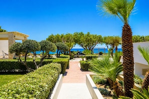 A pathway leading to a building with a view of the sea, surrounded by well-maintained greenery and palm trees.