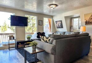A living room with a sofa, a TV, a coffee table, and a window with a view of trees.