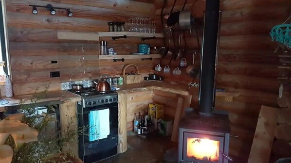 A cozy cabin interior with a wood-burning stove, a stove top oven, and shelves with kitchenware.