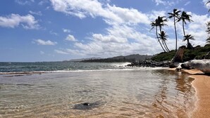 A beach with clear shallow waters, a sandy shore, and palm trees. - Luxury 2-Story Oceanfront Condo w/ Views & Pool (Wailua)