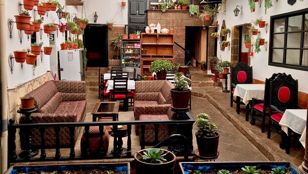 A cozy, well-decorated café with a variety of seating options, including sofas and chairs, and a large number of potted plants adding greenery to the space. - Golden House Hotel  (Cusco)
