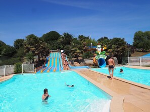 Water slide with children preparing to slide down.
