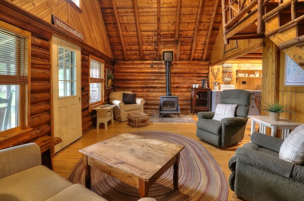 TV, fireplace, books, stereo - 10 Haines Landing - We love this classic cabin! Pet friendly and gorgeous views!! (Oquossoc)