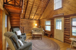 TV, fireplace, books, stereo