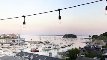 Un port de plaisance où de nombreux bateaux sont amarrés, un ciel dégagé et une guirlande de lumières au-dessus.