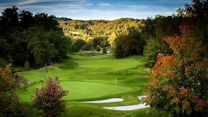 A golf course with a clear path, sand bunkers, and a flag on the green. - 4 King Suites | Near Silver Dollar City (Branson West)