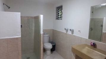 Shower, rainfall showerhead, towels