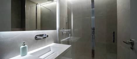 Shower, hair dryer, towels, shampoo