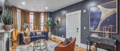 Smart TV, fireplace, video games, music library