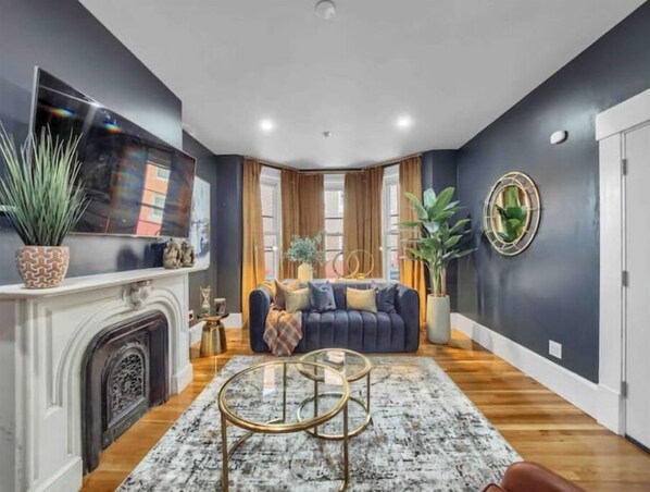 Smart TV, fireplace, video games, music library