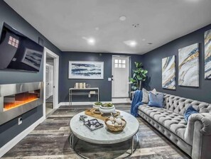Smart TV, fireplace, video games, music library