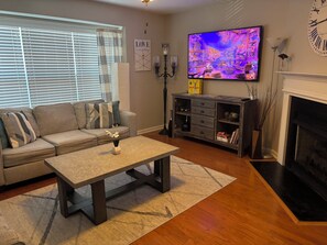 Smart TV, fireplace, video games, DVD player